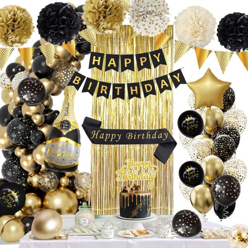 MEVRONISSHOP-Decoration Anniversaire Noir et Or Ballons Décorations Kit avec Banderole Joyeux Anniversaire Pom Poms Confetti Echarpe Rideau pour Homme Femme