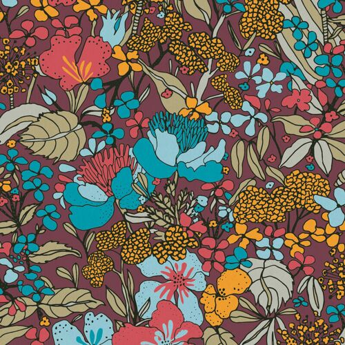 A.s.creations - Papier Peint Fleuri Multicolore Années 60 Tapisserie Marron, Jaune Et Bleu Motif Fleur Papiers Peints Couloir Motif Floral