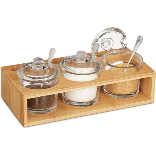 Lot De 3 Pots À Épices, Salière, Sucrier, Avec Support En Bambou, Cuillère Et Couvercle, Nature/Transparent - Relaxdays