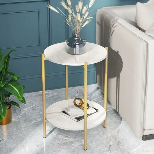 Table D'Appoint Marbre Ronde - Bout De Canapé De Salon Métal Design Guéridon Moderne Pour Salon Bureau Chambre - Doré Î¿41x55cm