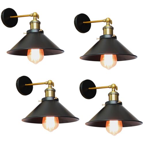 Lot De 4 Rétro Applique Murale Industrielle E27 22cm Plafonnier Luminaire Fer Abat-Jour En Métal Noir