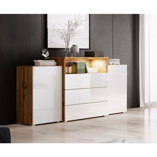 Bratex - Commode 150 Cm Urban, Commode à Tiroirs, éclairage Led Inclus, Couleur Wotan/blanc Brillant.