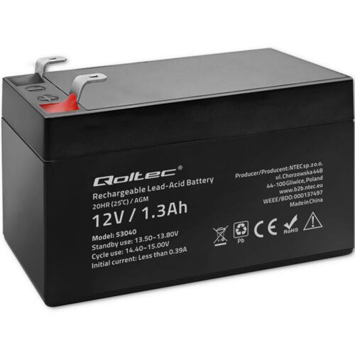 Batterie Qoltec Agm 12 V 1,3 Ah Sans Entretien Efficace Longue Durée De Vie Pour Onduleurs, Balances Et Caisses Enregistreuses
