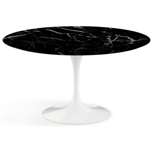Table Tulipe Ronde 120 Cm Marbre Noir Pied Blanc Brillant