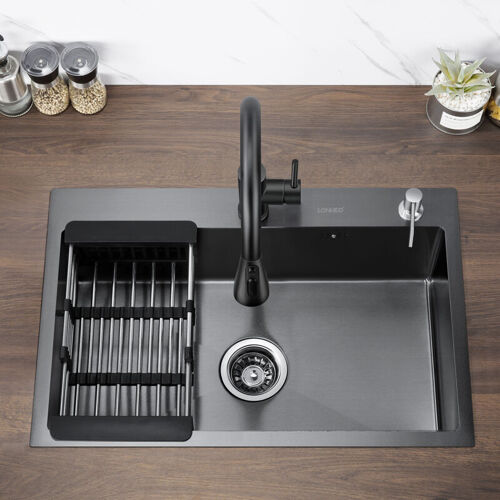 Vier 1 Bac 68 X 45 X 19 Cm évier Cuisine En Acier Inoxydable Avec Distributeur De Savon Et égouttoir Panier, évier Anthracite Montage à Encastrer Et à Fleur Pour Meuble De 80 Cm - Lonheo