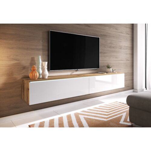 Bratex - Meuble Tv Lowboard D 180 Cm, Meuble Tv Sans éclairage Led, Meuble Tv Suspendu, Coloris Wotan/blanc Brillant