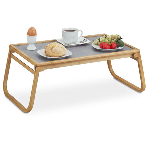 Plateau De Lit Bambou, Pieds Pliables, Bord élevé, Tablette Petit-déjeuner, Hlp 23 X 60 X 33 Cm, Nature/gris - Relaxdays