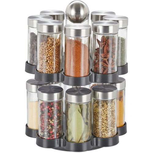 Tourniquet À Épices, 16 Pots, Étagère Rotative À 360°, Inox, Verre, Hxd 25 X 17,5 Cm, Carrousel, Argent/Noir - Relaxdays