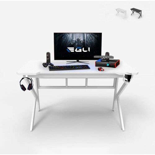 Bureau De Jeu Ergonomique En Carbone 120x60cm Avec Porte-gobelet - Blanc