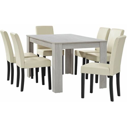 Helloshop26 - Table À Manger Chêne Blanc Avec 6 Chaises Crème Cuir-Synthétique Rembourré 140x90 Cm