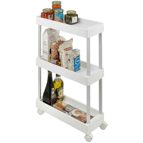 Desserte à Roulette étroite Mino Wenko Chariot à Cosmétiques, 3 étagères De Rangement, 4 Roulettes Avec Freins, Aluminium, 18 X 80 X 45 Cm, Blanc Et Argent