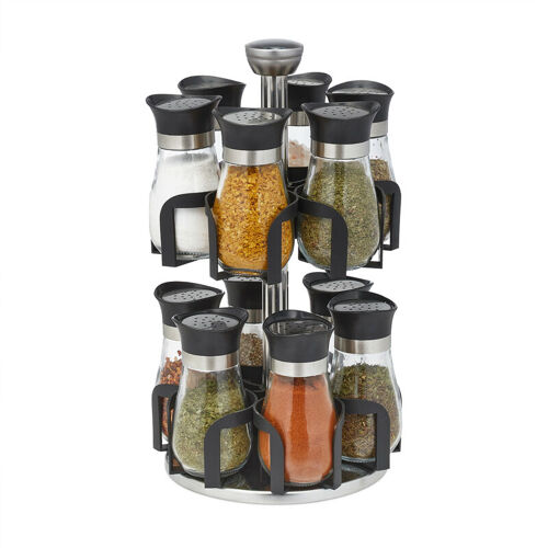Carrousel À Épices, Avec 12 Pots, Étagère Rotative À 360°, Inox, Verre, Hxd 31x18 Cm, Tourniquet, Argent/Noir - Relaxdays
