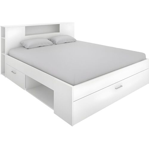 Vente-unique - Lit Avec Tête De Lit Rangements Et Tiroirs - 160 X 200cm - Coloris : Blanc - Leandre