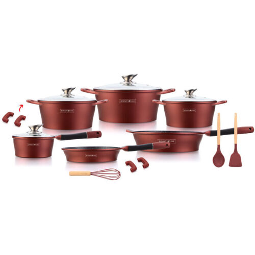 Batterie De Cuisson Complète Effet Marbre - 17 Pièces - Tous Feux - Rouge Bordeaux - Livraison Gratuite