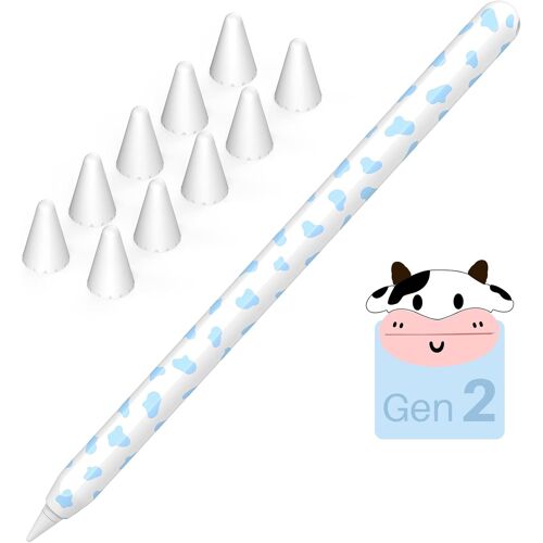 Imprimé Vache Silicone Housse De Protection Pour Apple Pencil 2Ème Génération & Apple Pencil Pro Manchon Accessoire Avec 10 Embouts Apple (Bleu)