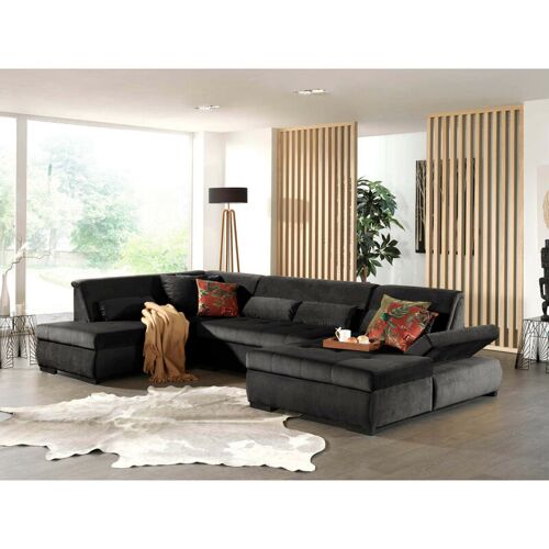 Lisa Design - Vermont - Canapé Panoramique D'Angle Gauche - 7 Places - Xxl - En Velours - Gris Foncé