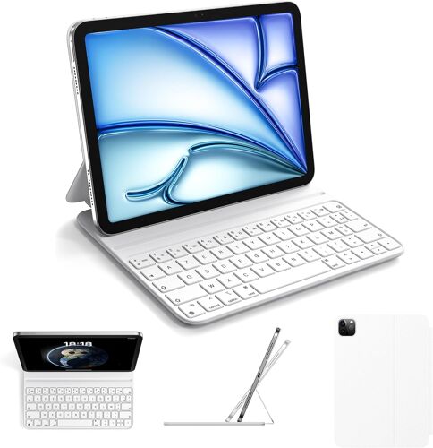 Étui Clavier Compatible Avec Ipad Air 6/5/4/Pro 11"" & Air 11 Pouces (M3/M2, 2025/2024) - Clavier Azerty - Étui Ergonomique En Similicuir, Blanc
