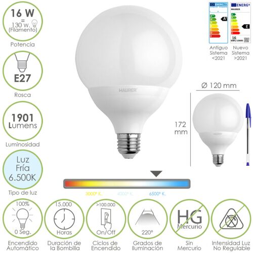 Bombilla Led Globo Rosca E27. 16 Watt. Equivale A 130 Watt. 1901 Lumenes. Luz Fria 6500Âº K.