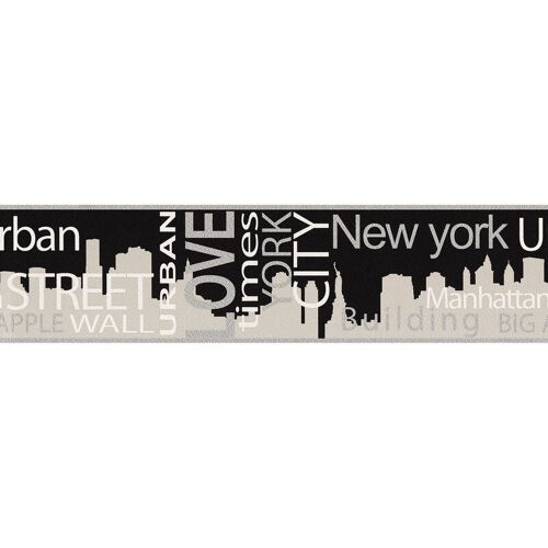 A.s.creations - Frise Papier Peint Moderne New York Frise Tapisserie Noir Et Gris Pour Chambre D'Ado Frise Murale écritures Métallique - Noir, Argent