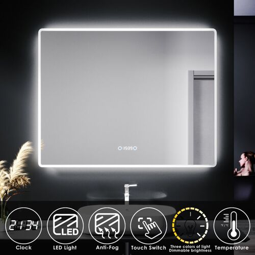 Sirhona - Miroir Lumineux De Salle De Bain ‿ Miroir Led 90x70 Cm Avec Anti-buée, Trois Lumières Réglables Et Affichage De L'Heure