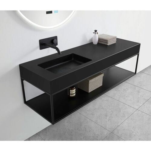 Vasque Murale Suspendue Design En Fonte Minérale Pour Salle De Bain Avec Bonde Et Trop Plein - 121x45x12 Cm - Ba8012 - Couleur Et Console Métallique Au Choix Quartz Noir, Châssis 121s Susp - Bernstein