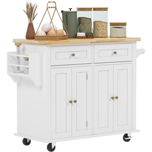 Desserte Ã?lot De Cuisine Desserte à Roulettes Avec étagère à épices Et Porte-serviettes, Chariot De Cuisine De Rangement Avec Grand Plateau Et 2 Tiroirs, 90x45x82.5cm,blanc - Soges