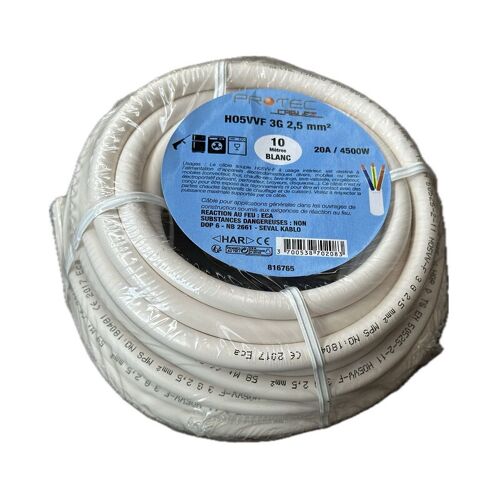 Cable D'Alimentation Souple 3g2.5mm² H05vvf (bobine De 10m) Blanc Pour Alimentation Circuit Electrique