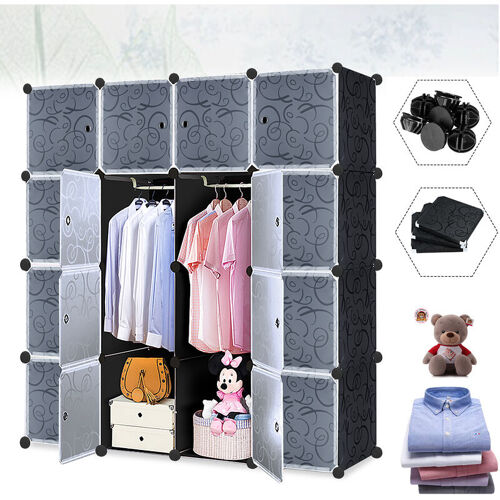 Uisebrt Armoire Penderie Armoire Portable Diy, étagère De Rangement, Portable Storage Modulable Meuble, 16 Cubes Avec Porte, Noir Avec Motif