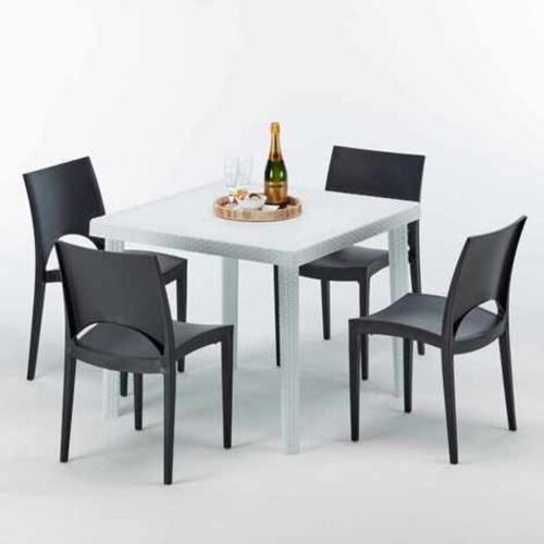 Table Carrée Blanche 90x90cm Avec 4 Chaises Colorées Grand Soleil Set Extérieur Bar Café Paris Love - Noir