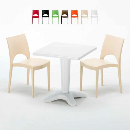 Table Carrée Blanche 70x70cm Avec 2 Chaises Colorées Grand Soleil Set Bar Café Paris Patio - Beige