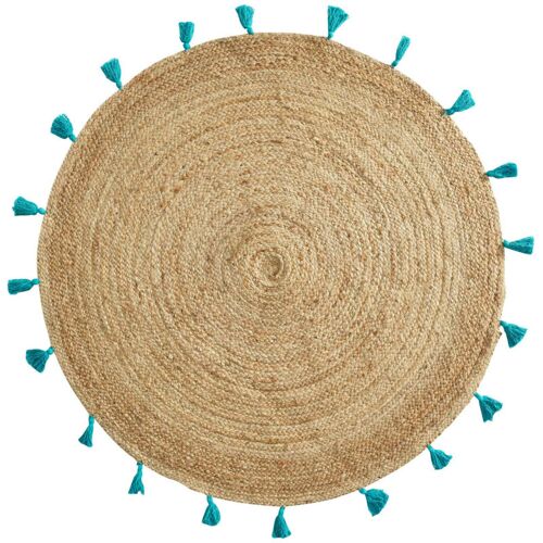 Tapis Rond 120 Cm Â€¿ Jute Naturel Avec Pompons Turquoise Â€¿ Modèle Shira