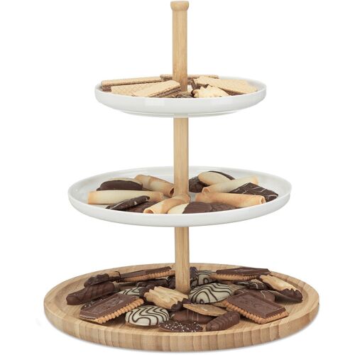 Présentoir À Gâteaux En Bambou 3 Étages Céramique Plat De Service Fruits Apéritif Dxh 30 X 36cm, Blanc-Nature - Relaxdays