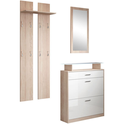 Ensemble de meubles dentrée avec miroir et porte-manteau Paola blanc et sonoma