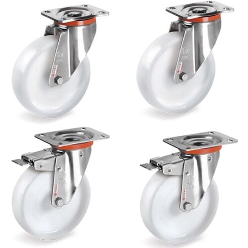 2gt Roues Et Roulettes - Lot De 4 Roulettes Inox Pivotantes Et Pivotantes à Frein Plastique Blanc 80 Mm - 450 Kg