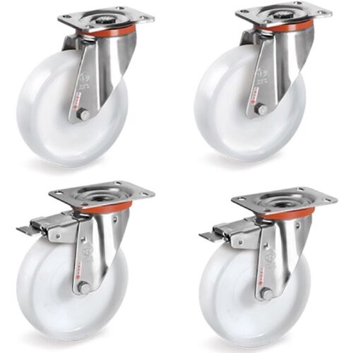 Lot De 4 Roulettes Inox Pivotantes Et Pivotantes à Frein Plastique Blanc 100 Mm - 600 Kg