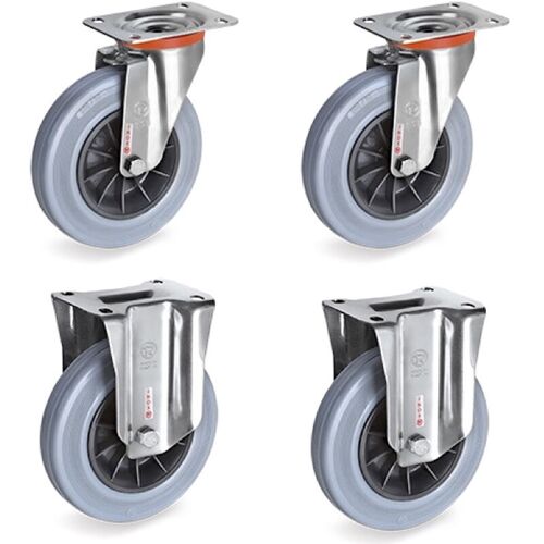 2gt Roues Et Roulettes - Lot De 4 Roulettes Inox Pivotantes Et Fixes Caoutchouc Non Tachant 80 Mm - 150kg