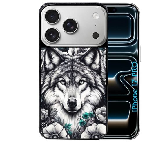 Coque noire Taperso pour Iphone 17 PRO avec motif loup et fleur