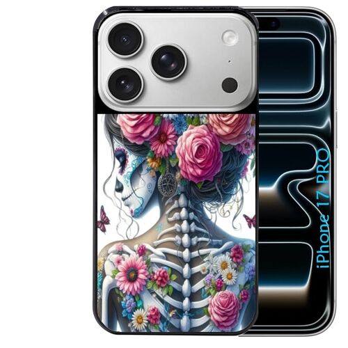 Coque noire Taperso pour Iphone 17 PRO avec motif tete de mort calavera papillon