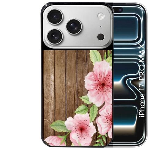 Coque noire Taperso pour Iphone 17 PRO MAX avec motif bois avec fleur rose