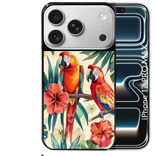 Coque noire Taperso pour Iphone 17 PRO MAX avec motif perroquet et fleurs