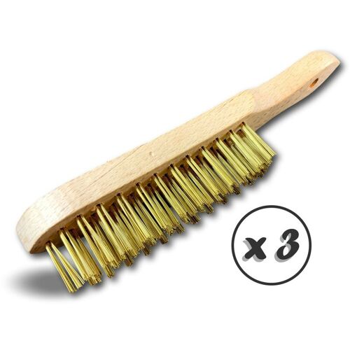 Kibros - Brosse Métallique à Main Type Soudeur Manche Ergonomique Bois - Lot De 3 - Laiton Ondulé
