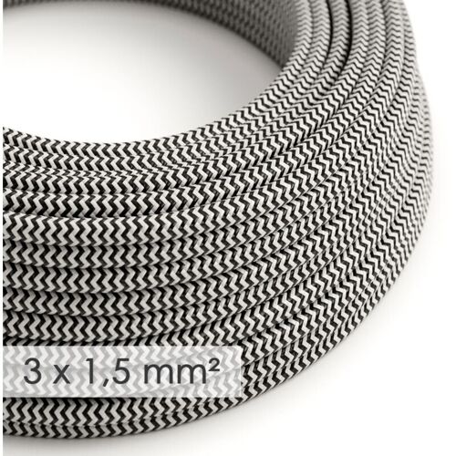 Câble électrique Section Large 3x1.50 Rond - Tissu Effet Soie Noir Zigzag Rz04 - 10 Mètres