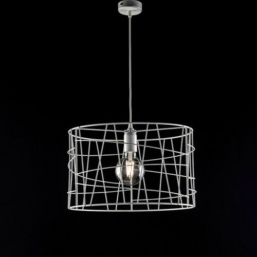 Lustre Suspendu Industriel En Fer Blanc Argenté Une Lumière 41x H29 Cm