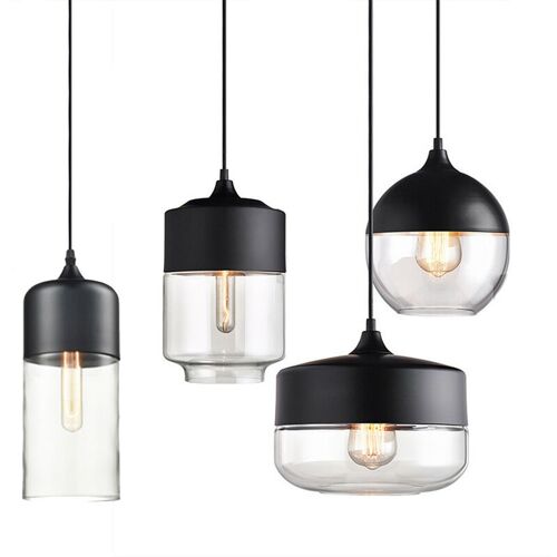 Lot De 4 Lustre Suspension En Verre Design E27 Luminaire Modern Pour Chambre Hôtel - Noir Transparent