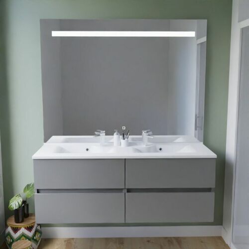 Meuble Double Vasque Inox 140 Cm Rosinox + Miroir Elégance Ht105- Gris- Plan Vasque En