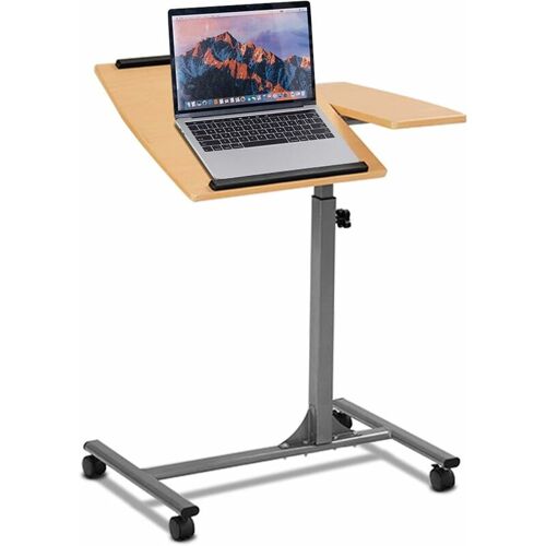 Goplus - Table Pour Ordinateur à Roulettes Portable, Hauteur Reglable 66,4-93cm, Tablette Inclinable Avec Dispositifs Superieur Et Inferieur, Support De Souris Lateral, 64 X 45 X 71-93cm