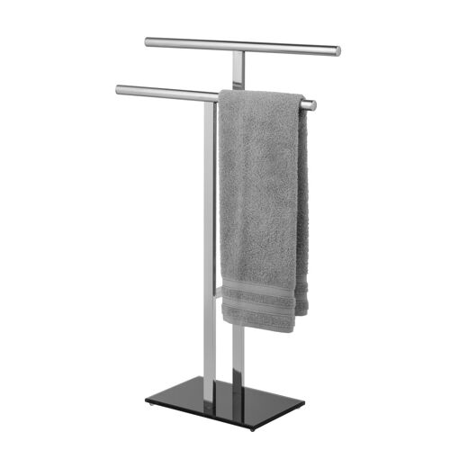 Porte-serviettes Sur Pied Lava Wenko Accessoires sélle De Bain, 2 Bras En Forme De T, Pied Lesté, Acier Inox Et Verre Sécurité, 50x81,5x20cm, Argent Et Noir