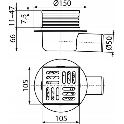 Alcadrain - Grille De Drainage 105x105/50 Mm, évacuation Latérale, Grille En Acier Inoxydable, Siphon Humide