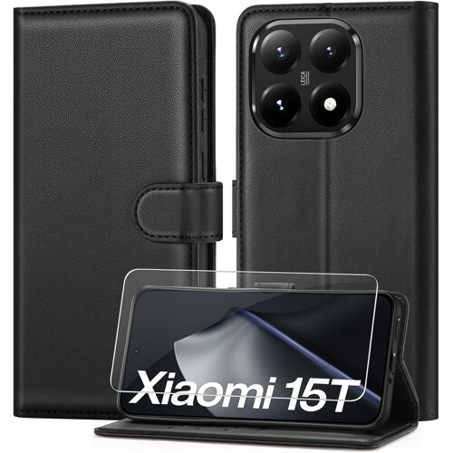 SUBZONAL-Coque pour Xiaomi 15T 5G avec Verre Trempé, étui Cuir PU Magnétique Pochette de Portefeuille , Housse de Fonction Stand Video Porte Carte Credit à Rabat pour Xiaomi 15T - Noir