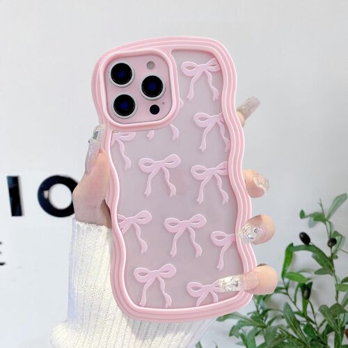 Noeud Etui Pour Iphone 15 Pro Max, Coque Transparente Avec N?ud Ruban Et Vague Bouclée Esthétique, Housse Papillon Protectrice En Silicone Souple Tpu Antichocs Pour Femmes Filles - Rose